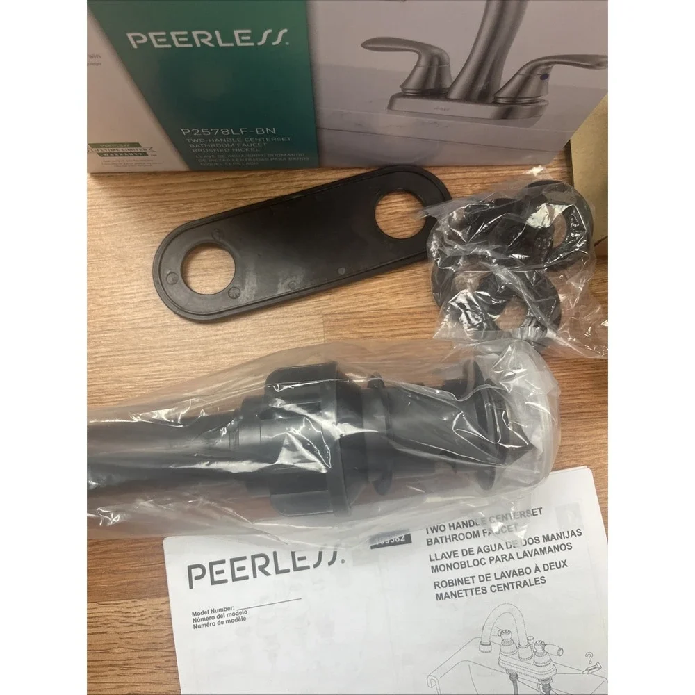 Peerless Two Handle Centerset Bathroom Faucet Brushed Nickel P2578LF-BN, NEW